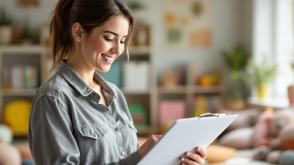 Childminder reviewing a policy document with a warm smile