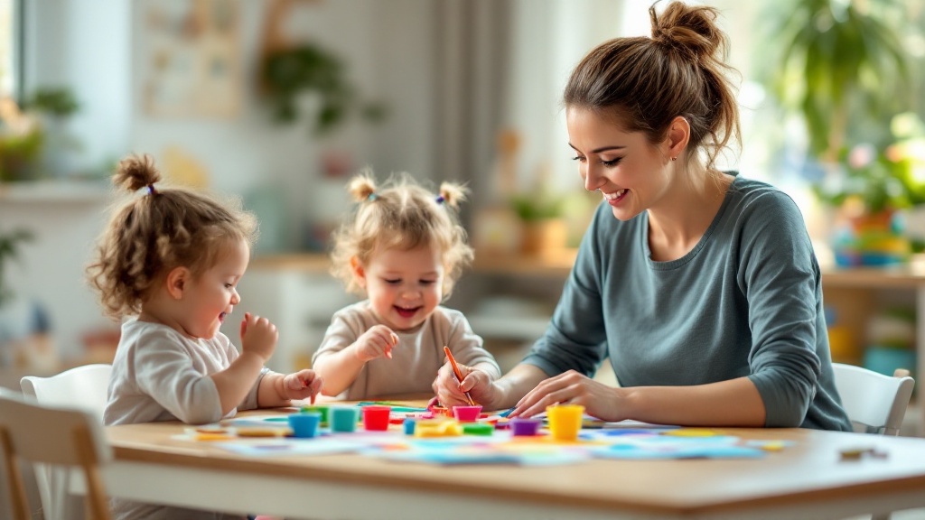 Childminder with toddlers in warm nursery